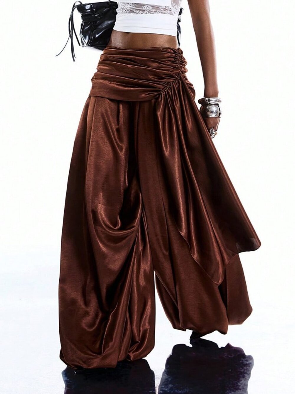 Coffee Brown Casual Women's Minimalism Draping Waist Loose Baggy Pants